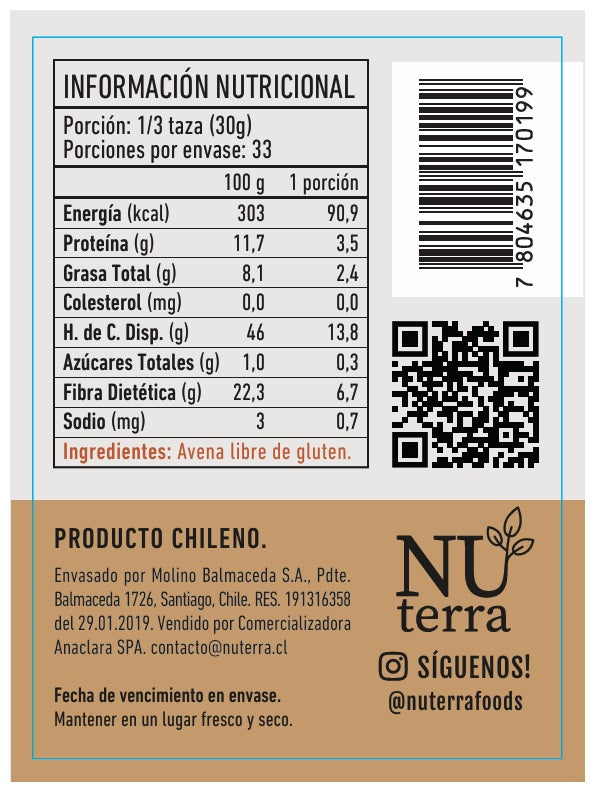 Avena Tradicional Integral Libre de Gluten 1 kilo