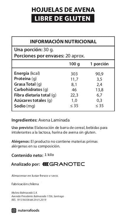 Avena tradicional integral Libre de Gluten 1 kilo